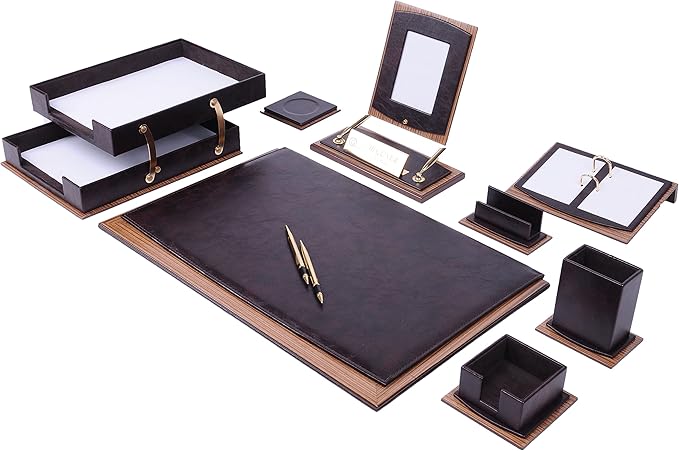MOOGCO Leather Desk Set - Walnut Wood Desk Set - Office Product - Home Office Accessories - Desk Supplies - 11 PCS (Brown)