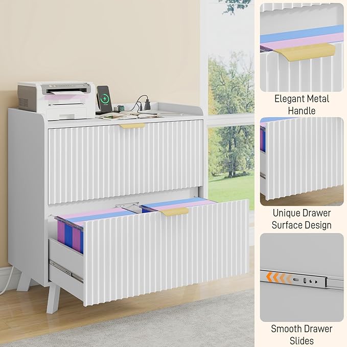 Lateral File Cabinet with Charging Station, Modern Fluted 2 Drawer File Cabinet for Letter/Legal/A4 Size Hanging Files, Large Wood File Storage Cabinets Printer Stand for Home Office, White