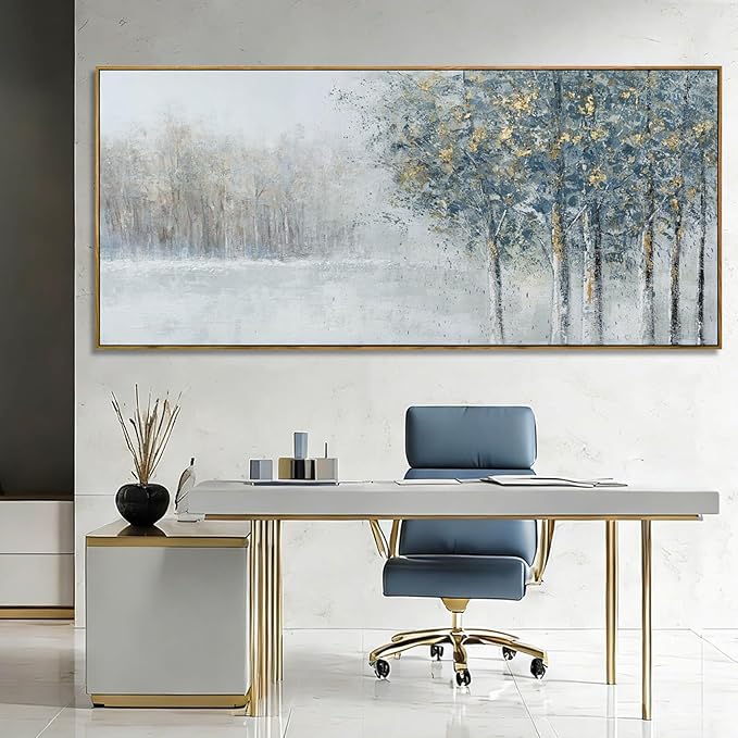 ZENPEE Blue Abstract Wall Art and Grey Tree Textured Forest Scene, 32x71 Oversized Canvas Wall Decor for Living Room Bedroom Entryway