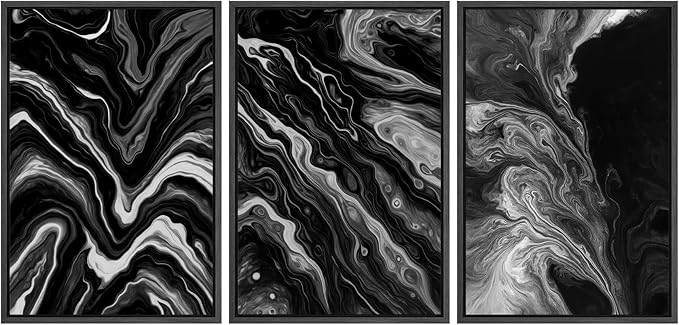 SIGNFORD Framed Wall Art Print Set Monochrome Swirl Abstract Contemporary Black and White Digital Art Modern Art Contemporary for Living Room, Bedroom, Office - 24"x36"x3 BLACK