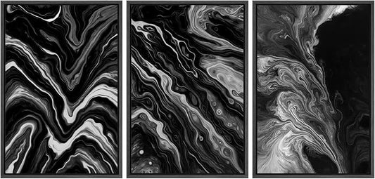 SIGNFORD Framed Wall Art Print Set Monochrome Swirl Abstract Contemporary Black and White Digital Art Modern Art Contemporary for Living Room, Bedroom, Office - 24"x36"x3 BLACK