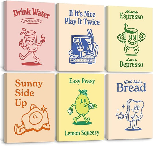 Youillne Retro Trendy Wall Art Decor Kitchen Aesthetic Canvas Art Prints Vintage Cute Pictures Funny Green Pink Yellow Blue Cartoon Wall Art Set of 6 8x10 Inch Ready to Hang