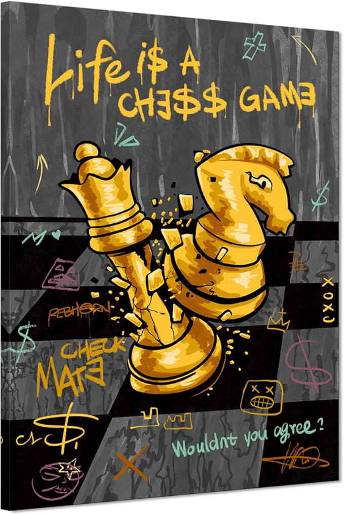Inspirational Wall Art - Black Gold Chess Canvas Painting Motivational Wall Decor LIFE IS A CHESS GAME Quotes Poster Positive Artwork for Office Living Room Bedroom Home Decoration, Framed 12"x 16"