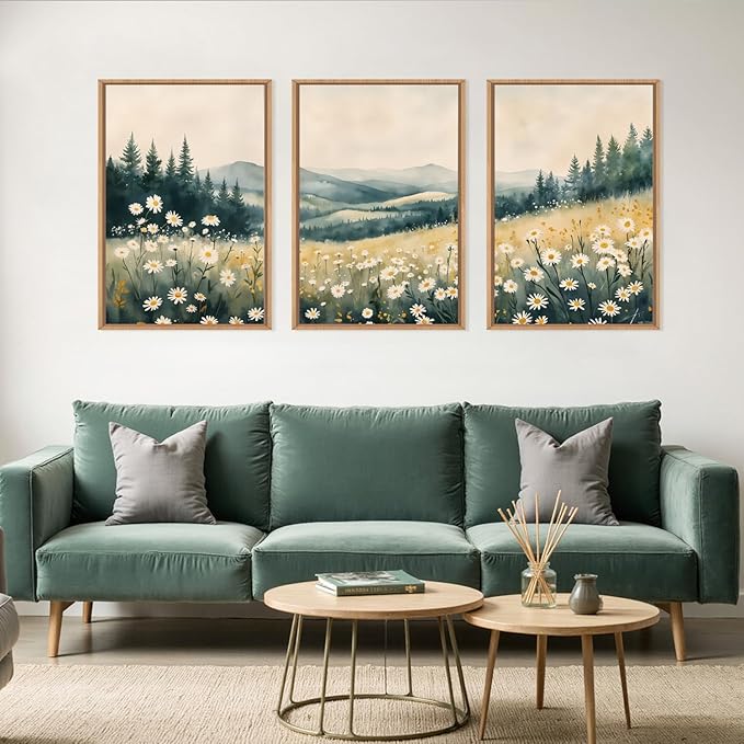 Large Misty Mountain Framed Canvas Wall Art,Nature Daisy Flower Wall Decor,Modern Foggy Forest Painting,Abstract Woodland Landscape Artwork for Living Room,Bedroom,Dining Room-16"x24"x3