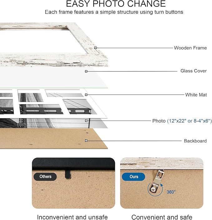 12x22 Picture Frame Set of 2, Distressed White with Glass Collage Frame, Display Eight Opening 4x6 Photos With Mat or 12 x 22 Newspaper Without Mat - Horizontal or Vertical Wall Mounting