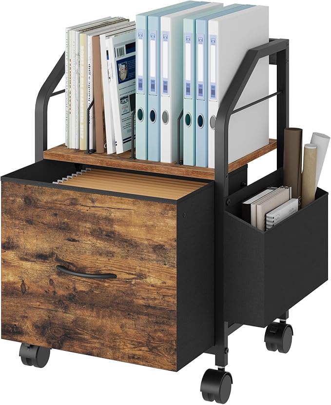 Small File Cabinet, Rolling Filing Cabinet for Under Desk with Divider, Single Non-Woven Fabric Drawer File Organizer for A4/Letter Size Documents, Under Desk Storage, Rustic Brown FCHR3001