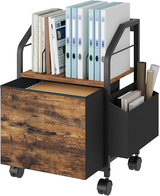 Small File Cabinet, Rolling Filing Cabinet for Under Desk with Divider, Single Non-Woven Fabric Drawer File Organizer for A4/Letter Size Documents, Under Desk Storage, Rustic Brown FCHR3001