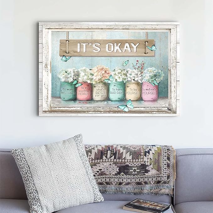Parylore Inspirational It's Okay Canvas Wall Art Encouraging Bible Verses On Cute Marson Jars and Butterflies Teal Background Artwork for Bedroom Bathroom Office Home Decor 16x20 In