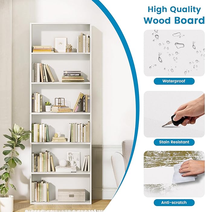 71" Tall 6-Tier Bookshelf, Large Open Display Bookcase with Ample Storage, Floor Standing Book Shelf for Living Room, Home Office, Bed Room, White