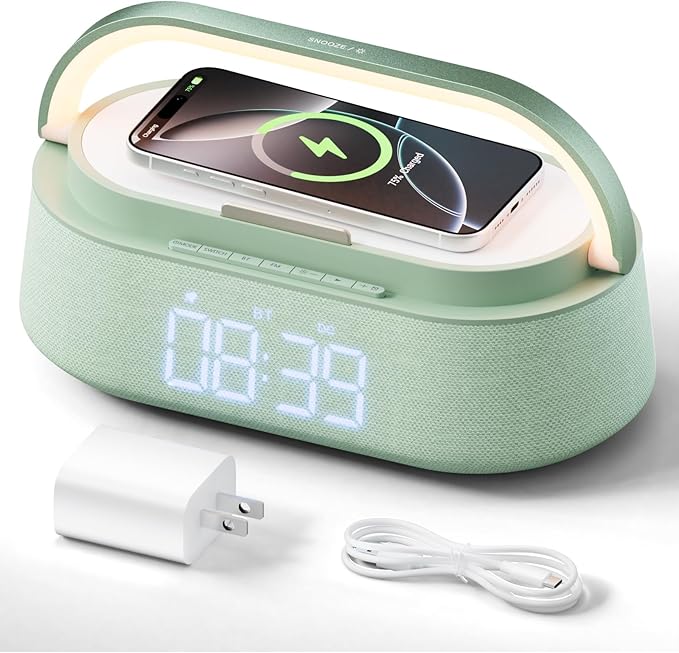 FREEFISH Bluetooth Speaker with Fast Wireless Charger,FM Radio,Touch LED Night Light,Phone Holder,Snooze, Portable Wireless Speaker for Bedrooms Office Home, Gifts