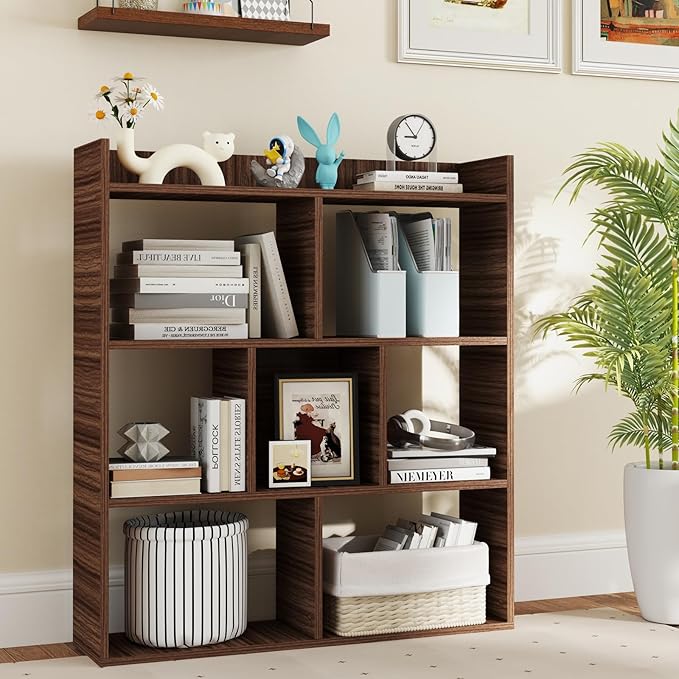 Tangkula 7-Cube Bookshelf, Floor Standing Open-Back Bookcase with Anti-Toppling Devices, Wooden Geometric Bookshelf, 4-Tier Storage Display Shelf for Living Room, Study, Office (2, Walnut)