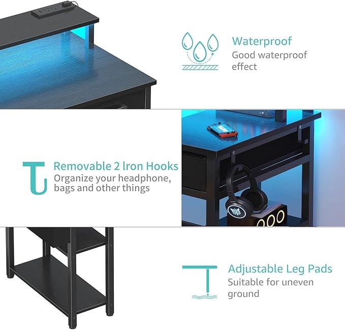 Lufeiya Gaming Desk with Led Lights and Power Outlets, 47 Inch Home Office Desk with Monitor Stand & Shelves, Writing Study Computer Desks with Fabric Drawers for Bedroom, Black