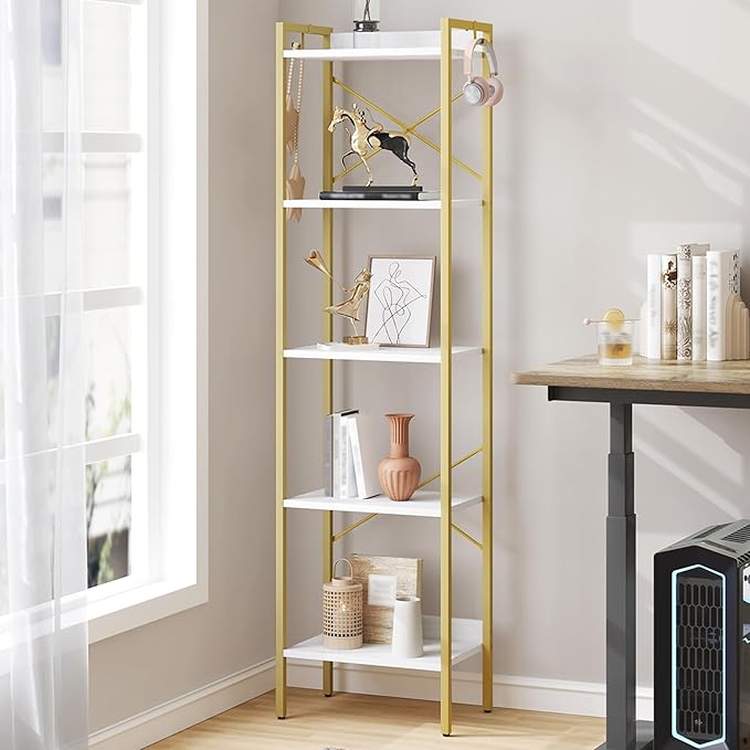 Bookshelf, Book Shelf, Industrial Bookcase with 2 Hooks, Coner Shelf Storage Organizer for Home Office, Living Room, Bedroom, Kitchen, 5-Tier White Gold BC10513G