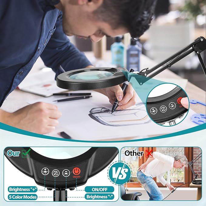 10X Magnifying Glass with Light and Stand, 2-in-1 Desk Lamp & Clamp Light, Seylae 5 Color Modes, Brightness Stepless Dimmable LED Lighted Magnifier Hands Free, Magnifier Lamp for Close Work, Reading