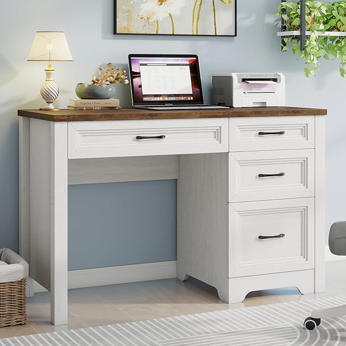 Farmhouse Executive Desk with Drawers, Wood Computer Desk with Ample File Drawer, Rustic Home Office Desk with Storage for Bedroom, Living Room, White