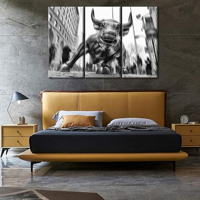 TUMOVO Black and White Wall Art 3 Panels Charging Bull Picture Print on Canvas Art for Home Bedroom Living Room Office Decor Modern Artwork With Wood Framed Ready to Hang - 42" Wx28 H