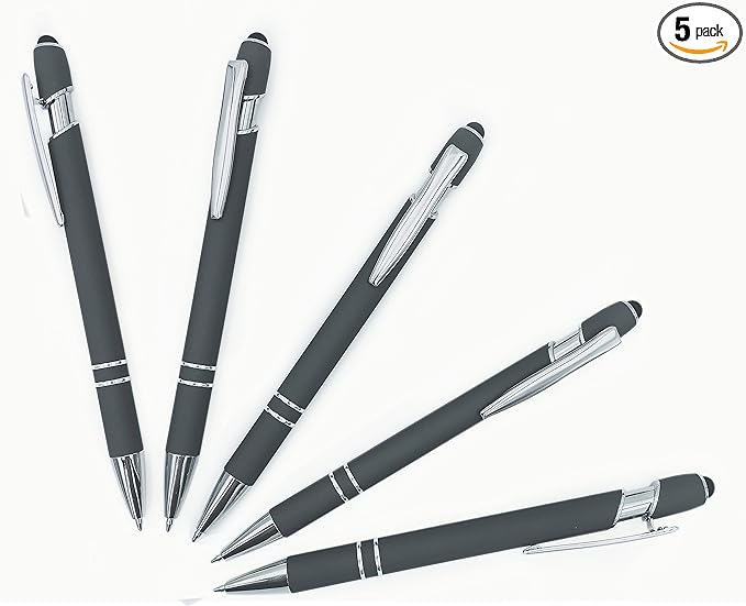 Pack of 5 Rubberized Comfort Soft Touch 2 in 1 Ballpoint Pen Capacitive Stylus Tip, Premium Metal Medium Point, Black Ink, Compatible with Most Touch Screens (Dark Gray)