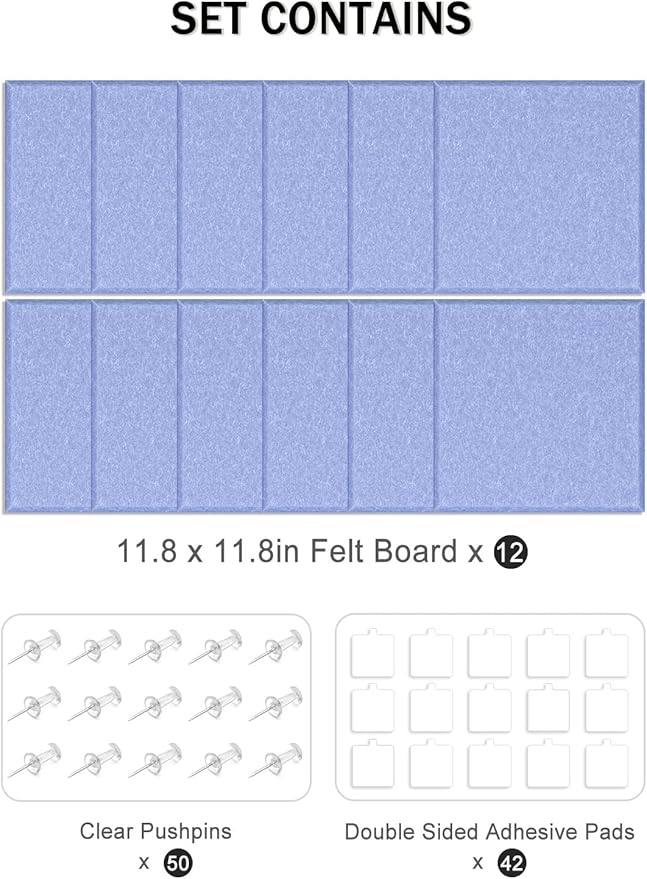 Hsurbtra Large Cork Board for Wall 47 x 36 Inch, 12 Pack Felt Bulletin Notice Board with Pushpins for Office Home School Farmhouse Wall Decor, Blue