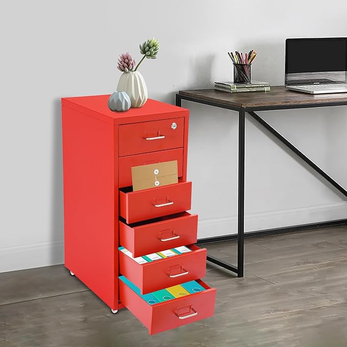 Vertical File Cabinets, 6 Tier Metal File Cabinet with Lock, Multi Drawer Cabinet for Home Office, Assembly Required (Red)