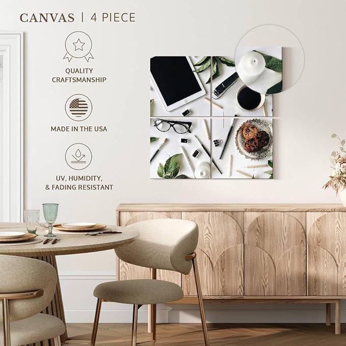 ElephantStock - Workspace Wall Art - Square Multi Panel Canvas - 4 Piece Home Office Wall Decor - Photography Profession Multi Piece Wall Art - Brown And Green Decor - 74" x 74"