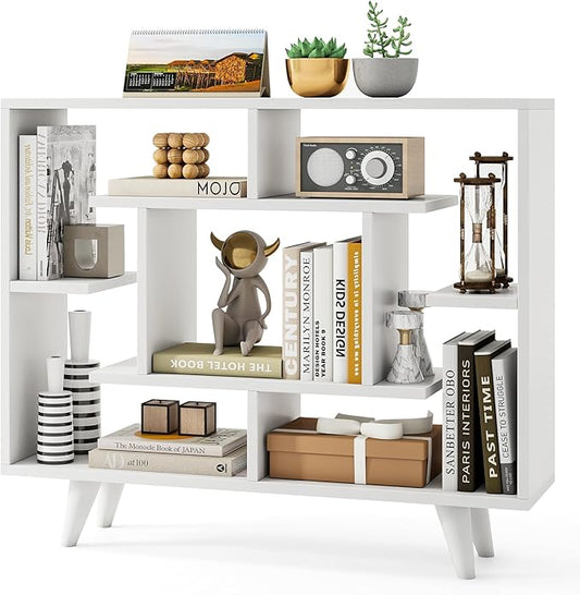 Tangkula Geometric Bookshelf, 3 Tier Modern Freestanding Open Bookcase with Anti-Tipping Devices & Legs, Home Office Decorative Storage Organizer Display Shelf for Living Room Study (White)