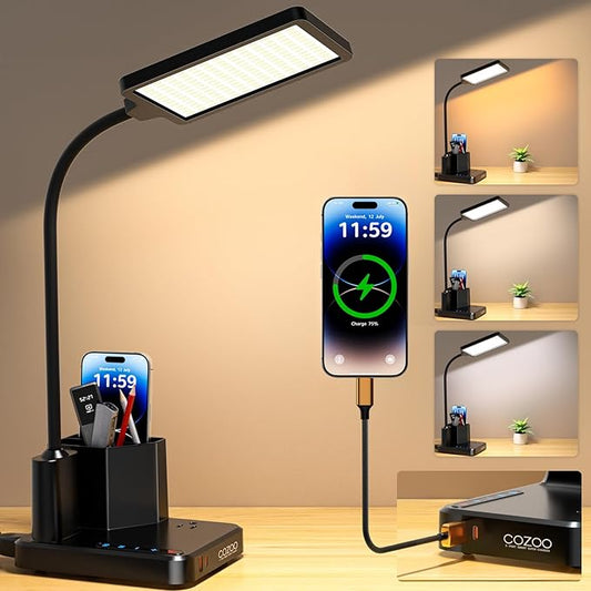 Desk Lamp, COZOO LED Desk Lamps for Home Office with USB Charging Port/Outlet/Organizer,Desk Lamp for College Dorm Eye-Caring Study Light,Gooseneck Table Lamp with Pen Holders/Storage,9 Lighting Modes