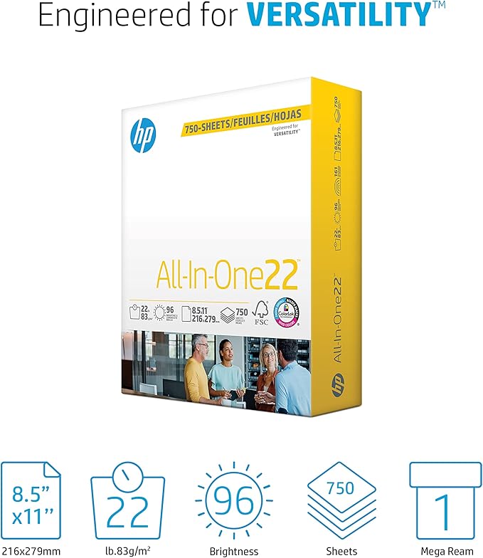 HP Papers | 8.5 x 11 Paper | All In One 22 lb | 1 Mega Ream - 750 Sheets | 96 Bright | Made in USA - FSC Certified | 207750R