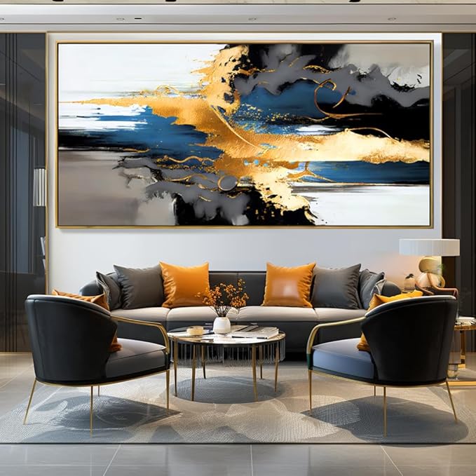 Wall Art Abstract Wall Art Prints Canvas Painting Black Yellow Blue Modern Large Artwork for Living Room Bedroom Office Home Decor 24"x48" with Framed