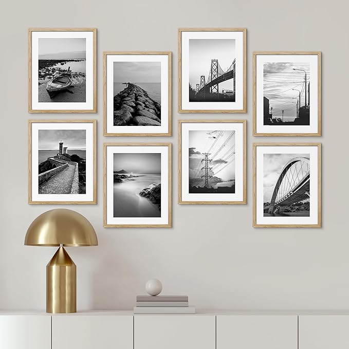 SIGNWIN Framed Poster Wall Art Set of Black & White Ocean Beach Seascape Nature Wilderness for Living Room, Bedroom, Office - 11"x14"x 8 Natural