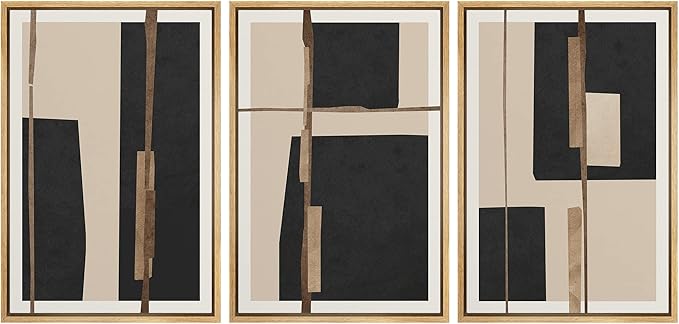 SIGNFORD Framed Canvas Print Wall Art Set Mid-Century Black Polygon Squares Abstract Shapes Illustrations Modern Art Bohemian Nordic Relax/Calm for Living Room, Bedroom, Office - 24"x36"x3 Natural