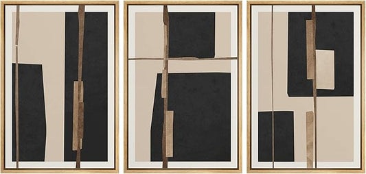 SIGNFORD Framed Canvas Print Wall Art Set Mid-Century Black Polygon Squares Abstract Shapes Illustrations Modern Art Bohemian Nordic Relax/Calm for Living Room, Bedroom, Office - 24"x36"x3 Natural