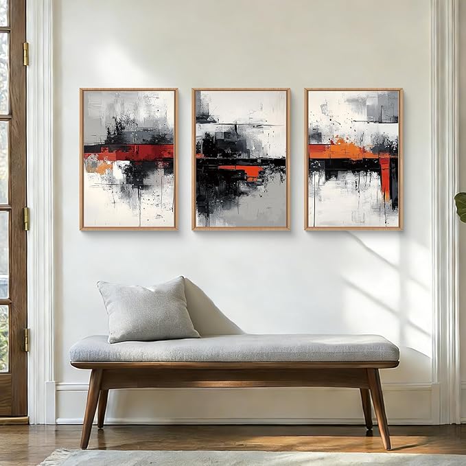 HOURIA Modern Abstract Framed Canvas Wall Art Set,Neutral Black and Orange Wall Decor,Textured Gray White Wall Painting,Pastel Strokes Art Prints for Living Room, Bedroom, Farmhouse-16 x24 x3