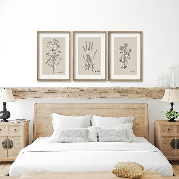 TQianJiang Vintage Botanical Wall Art 24"x16" Set Of 3 Wood Framed Wildflower Pictures Wall Decor for Bedroom Minimalist Wall Hanging (Wood)