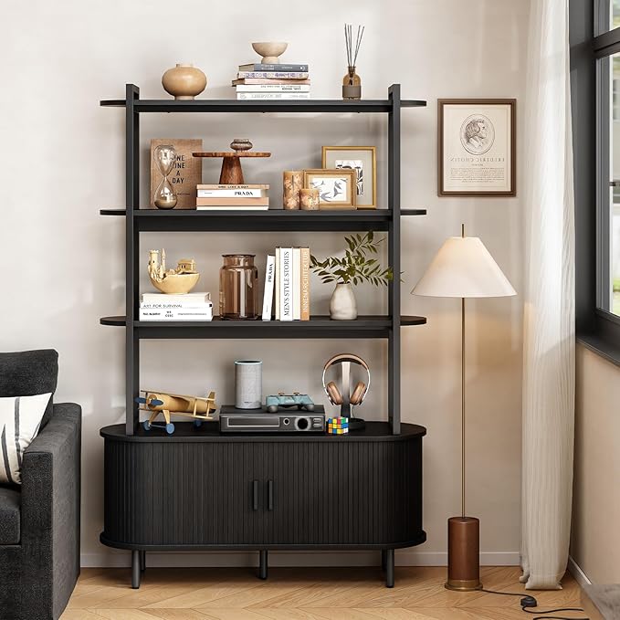 ONBRILL 71" Tall Bookshelf, 4-Tier Book Shelf with Storage Cabinet, Modern Bookcase with Sliding Door and Adjustable Footpad, Freestanding Storage Organizer Bookshelf for Living Room, Bedroom, Black
