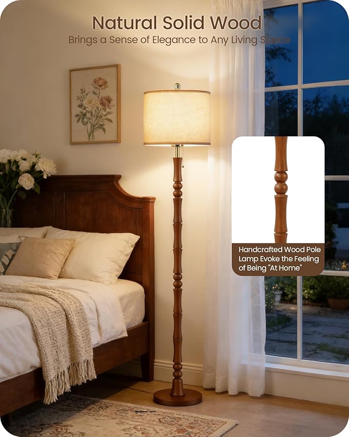 65" Solid Wood Floor Lamps for Living Room with Adjustable Color Temperatures, Farmhouse Floor Lamp with Pull Chain Switch, Tall Standing Lamp for Bedroom, Dining Room, Rustic Brown VE26LD05
