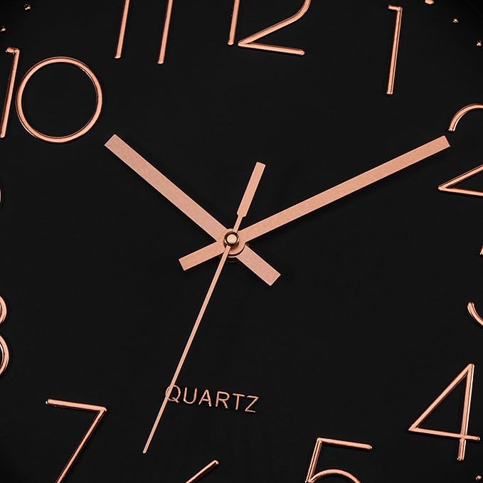 Foxtop Modern Wall Clock 12 Inch Non-Ticking Silent Battery Operated Round Quartz Rose Gold Wall Clock for Office Bedroom Living Room Kitchen Home School Decor (Black Dial)
