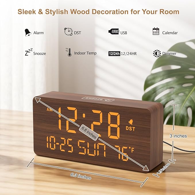 DreamSky Wooden Digital Alarm Clocks for Bedrooms - Living Room Desk Clock with Date and Day of Week, Temperature, USB Port, Dimmer Wheel, Adjustable Volume, Auto DST, Wood Decor for Office Table