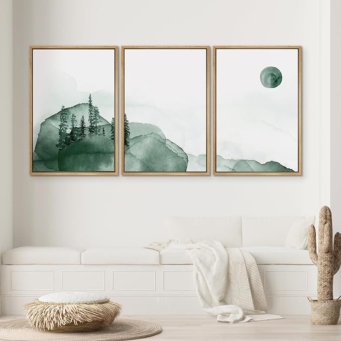 SIGNWIN 3 Piece Framed Canvas Wall Art Green Watercolor Landscape with Moon Nature Wilderness Illustrations Abstract Traditional Home Artwork Decoration for Living Room,Bedroom - 24"x36"x3 Natural