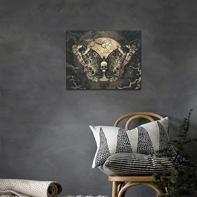 Skull Gothic Wall Art Skeleton Butterfly Dark Spooky Pictures Wall Decor Goth Horror Canvas Painting Home Modern Artwork Decorations Framed for Bathroom Living Room Bedroom Office 16x12 inch
