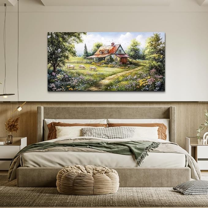 QIYILEXWART Canvas Wall Art For Living Room Large Wall Decor For Office Bedroom Decorations Grassland Pictures The Hut Paintings Modern Inspiration Artwork Room Ready To Hang