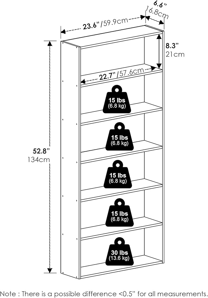 Furinno Basic Book Shelf, 6-Tier Bookcase with Open Shelf, Bookshelf, Cube Storage Organizer, 7 x 24 x 53, for Living Room, Bedroom, Home Office, Amber Pine