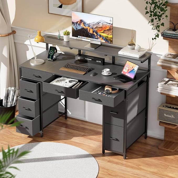 HLDIRECT 47 inch Computer Desk with 8 Storage Drawers, Gaming Desk with LED Lights & USB Power Outlets, Home Office Table with Monitor Stand, Study Writing Work Table for Bedroom, Grey