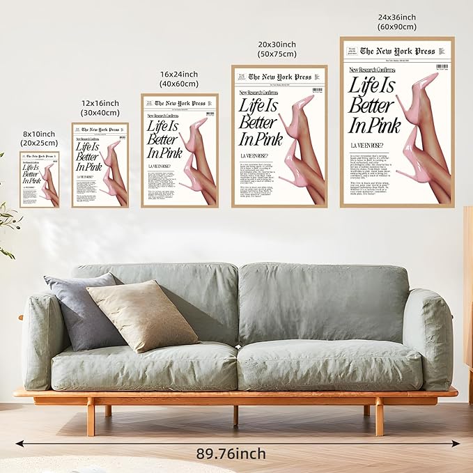 Trendy Baby Pink Hot Girl Poster Life Is Better In Pink Newspaper Wall Art Retro High Heel Picture 70s News Headline Canvas Prints Aesthetic Decor for Girly Bedroom Dorm 16x24inch Wood Color Framed