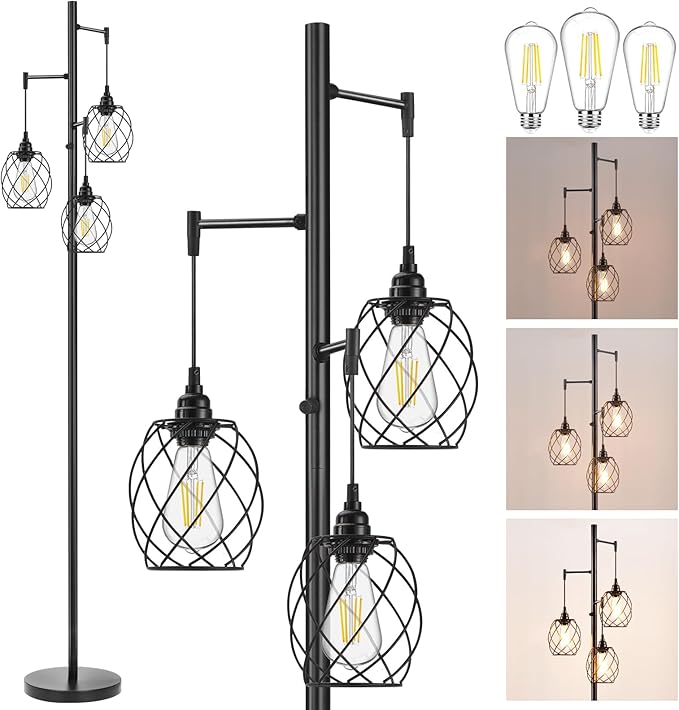 Sucolite 70" Dimmable Floor Lamp for Living Room, Industrial 3-Light Tree Floor Lamp Black with Cages, Farmhouse Rustic Tall Standing Lamp Floor Lighting for Bedroom Office, LED Edison Bulbs