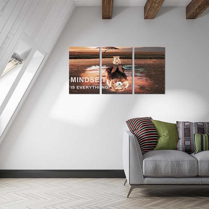 Mindset is Everything Wall Art Lion Motivational Wall Decor for Office Pictures Posters Framed Canvas Wall Art Prints Painting Artwork Decor Ready to Hang in Living Room Bedroom Classroom
