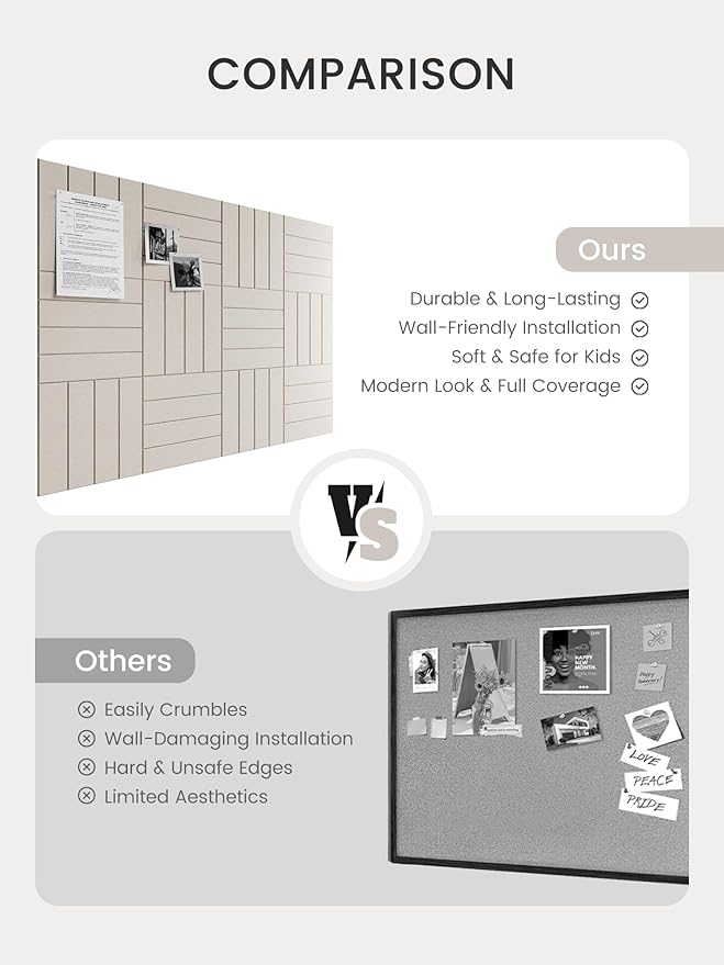 Bumusty Large Cork Board Alternative-48 x 36" Felt Bulletin Board Tiles, with 30 Pushpins, 70 Adhesive Tabs, 12-Pack Slat Wall Paneling, Cork Boards for Office Push Pin Board Felt Board-Oatmeal