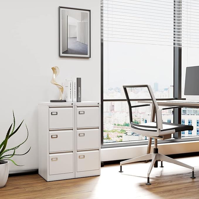 Yizosh 3 Drawer White File Cabinet with Lock, Filing Cabinets for Home Office, Metal Locking Office File Storage Cabinets with Drawers, Vertical Small Filing Cabinet Organizer for Legal/A4
