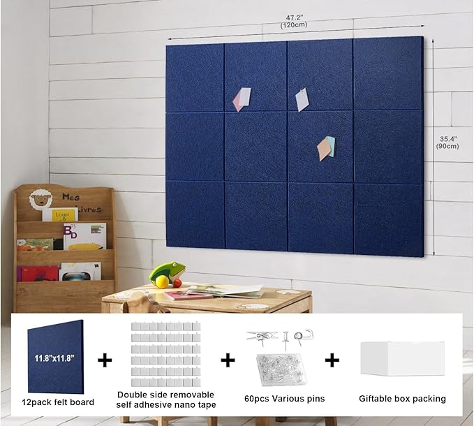 Felt Wall Tiles Bulletin Board Large Cork Board Alternative 12 Pack 11.81”x11.81”x0.47” Felt Pin Board Tack Board with Safe Removable Adhesive Tabs for Home Office School 48x36(Dark Blue)