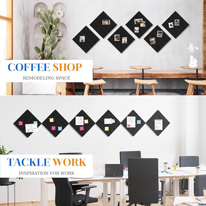 DOLLAR BOSS Felt Cork Board Tiles, 6 Packs 12" x 12" 1/2" Thick Bulletin Board Adhesive Acoustic Panels Soundproof Corkboards for Walls with 60 Pushpins for Home Office Kitchen School, Black Stripe