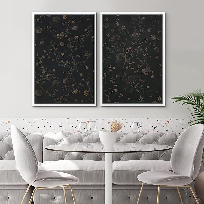 SIGNWIN Framed Canvas Print Wall Art Set Dark Vintage Floral Moody Botanical Modern Art Minimal Boho Relax/Calm for Living Room, Bedroom, Office - 24"x36"x2 White
